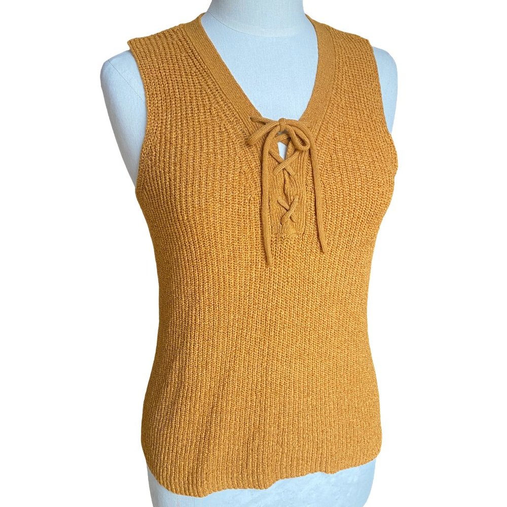 Marled Mustard  Lace-Up Chunky Sweater Vest Tank Top Boho Indie Fall Preppy-S